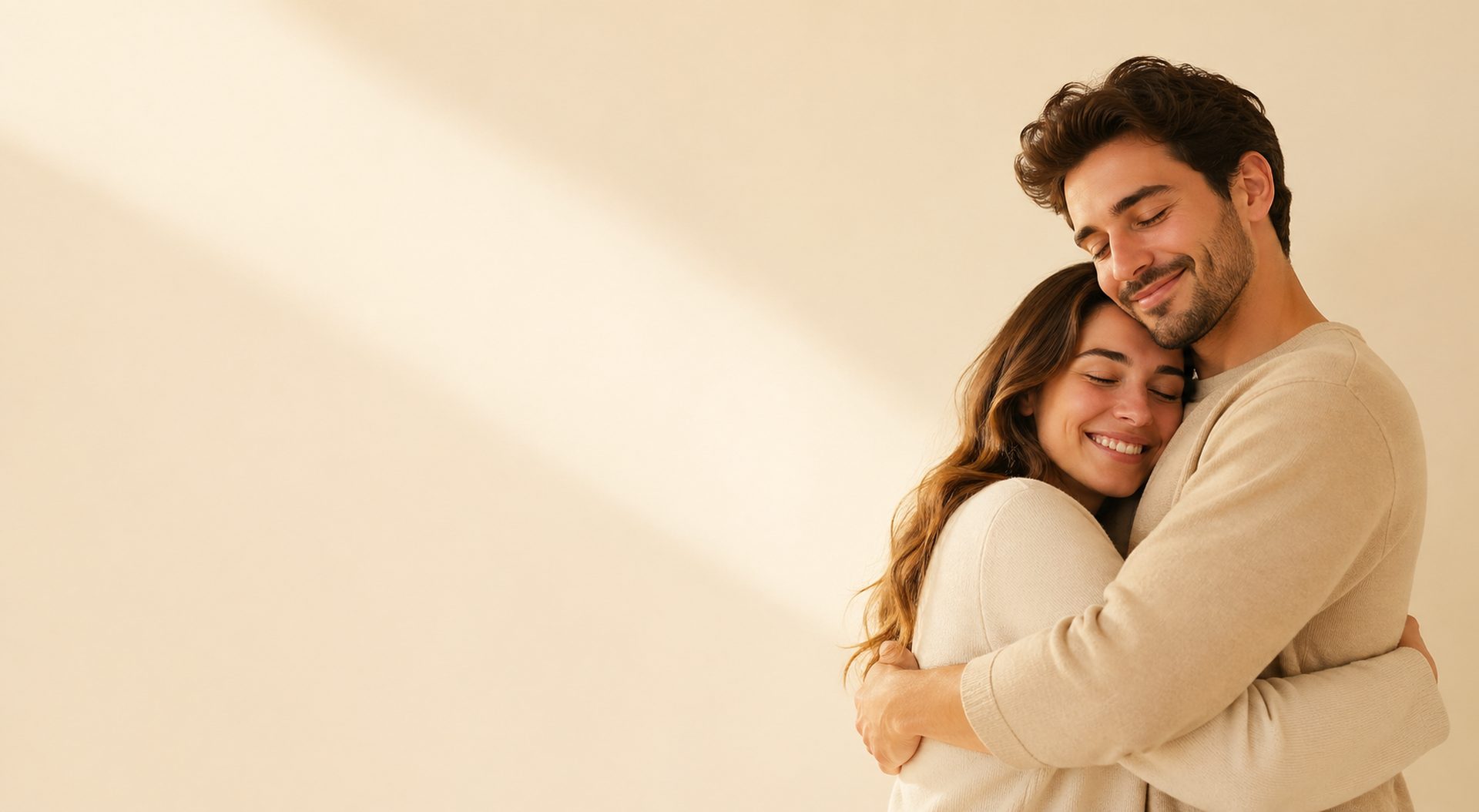 Una pareja se abraza con calma, transmitiendo apoyo y serenidad