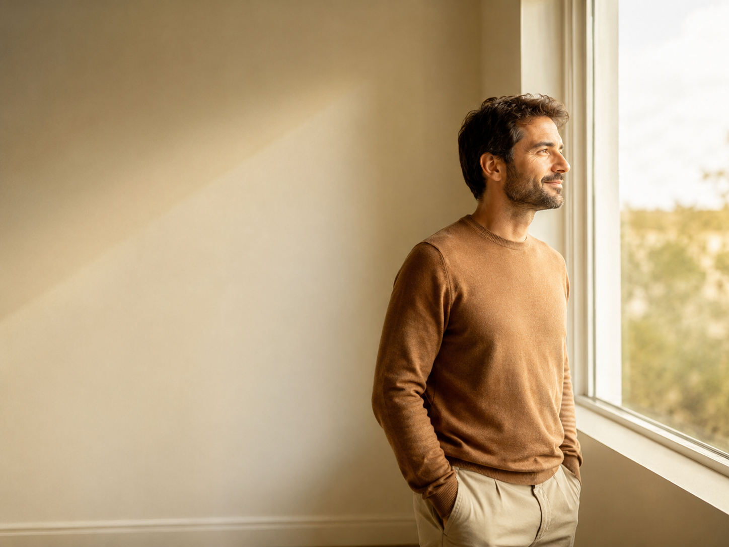 Hombre pensativo mirando por una ventana, reflexionando sobre qué decisión tomar